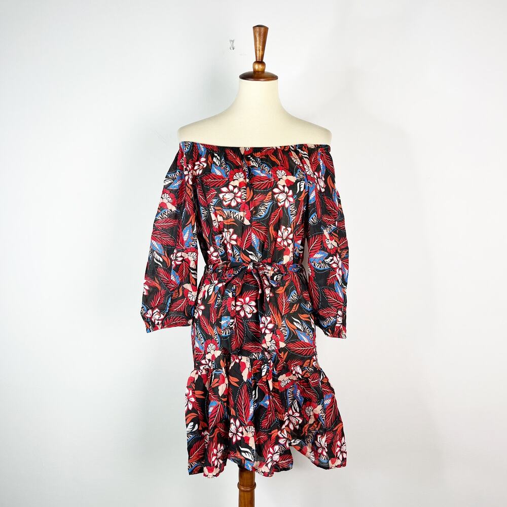 Preppy Girl Palm Beach red & black floral belted dress  100% cotton Size XXS/S